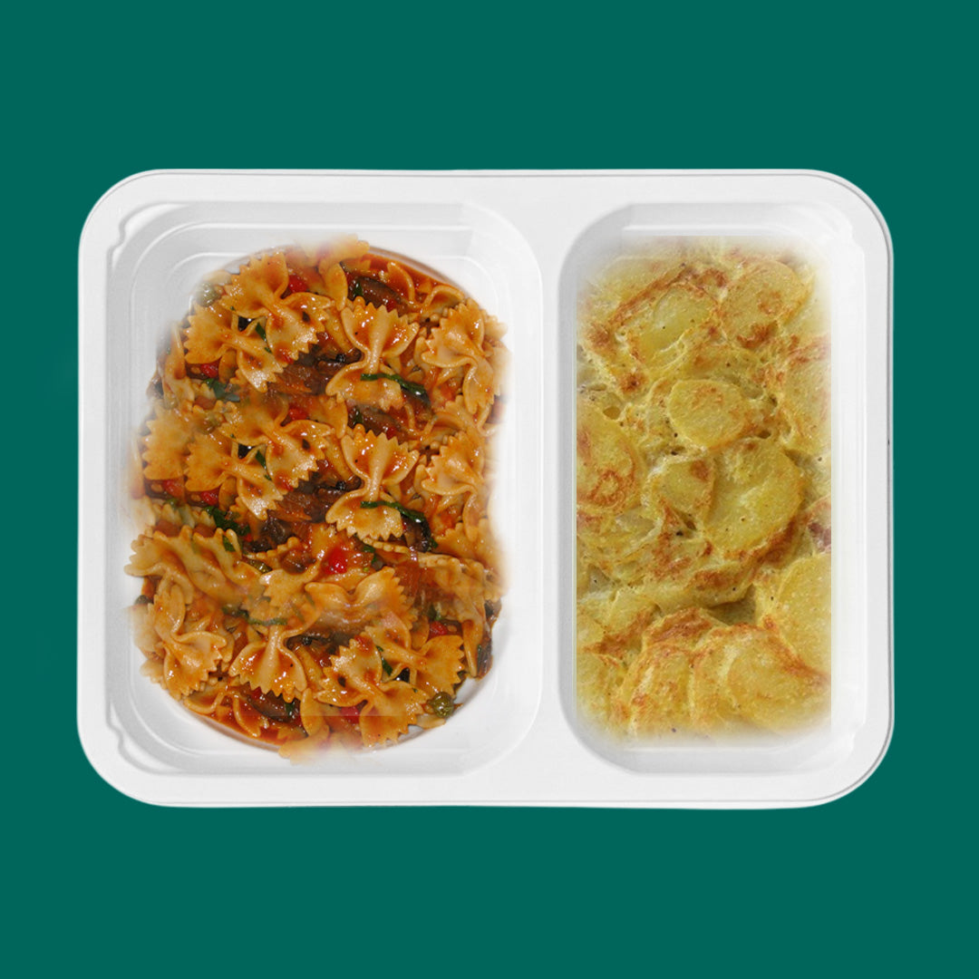 Farfalle alla puttanesca + tortilla di patate e cipolle