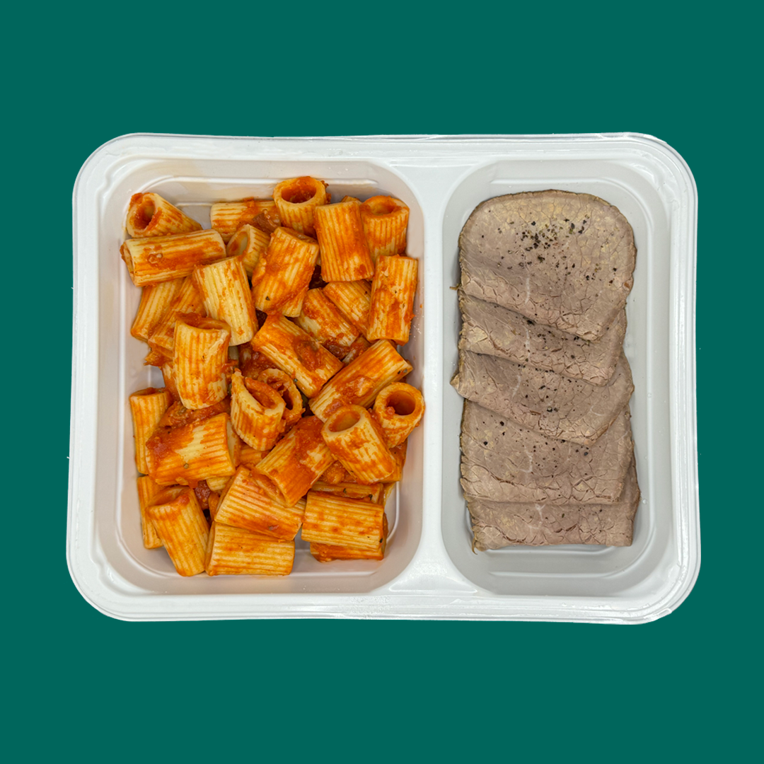 Mezze maniche amatriciana + arrosto di manzo