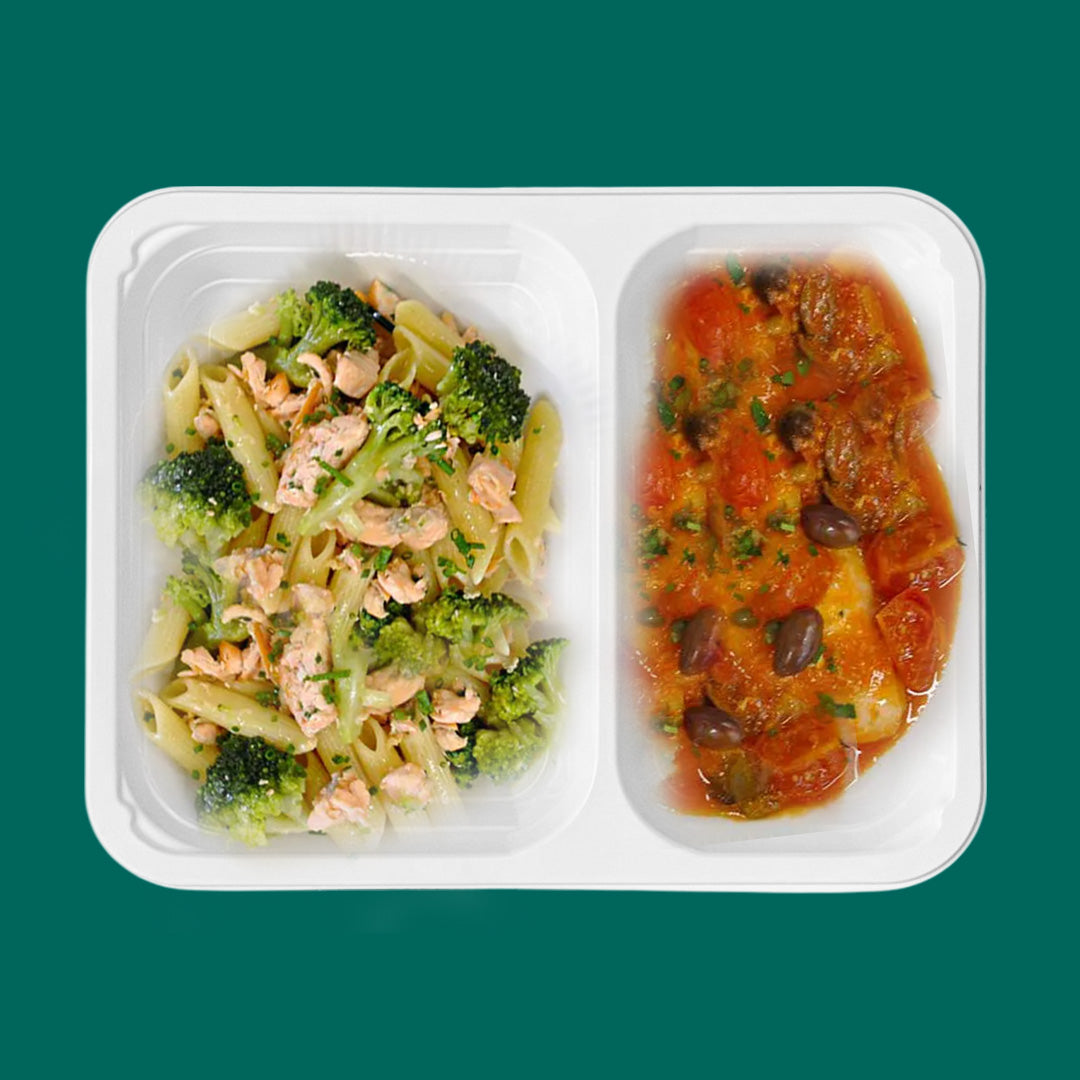 Pennette salmone e broccoli + filetto di gallinella in umido