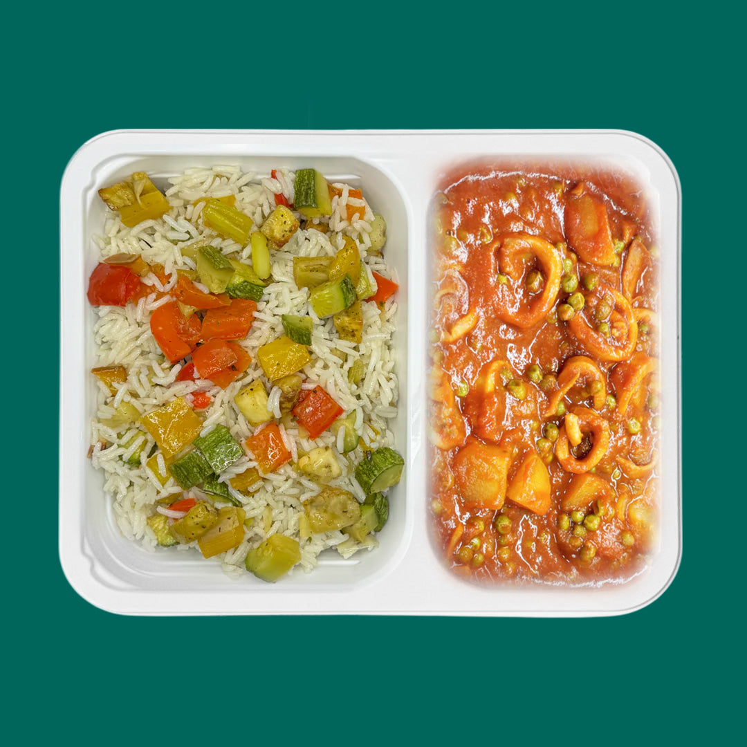 Riso basmati con verdure + calamari umido con patate e piselli
