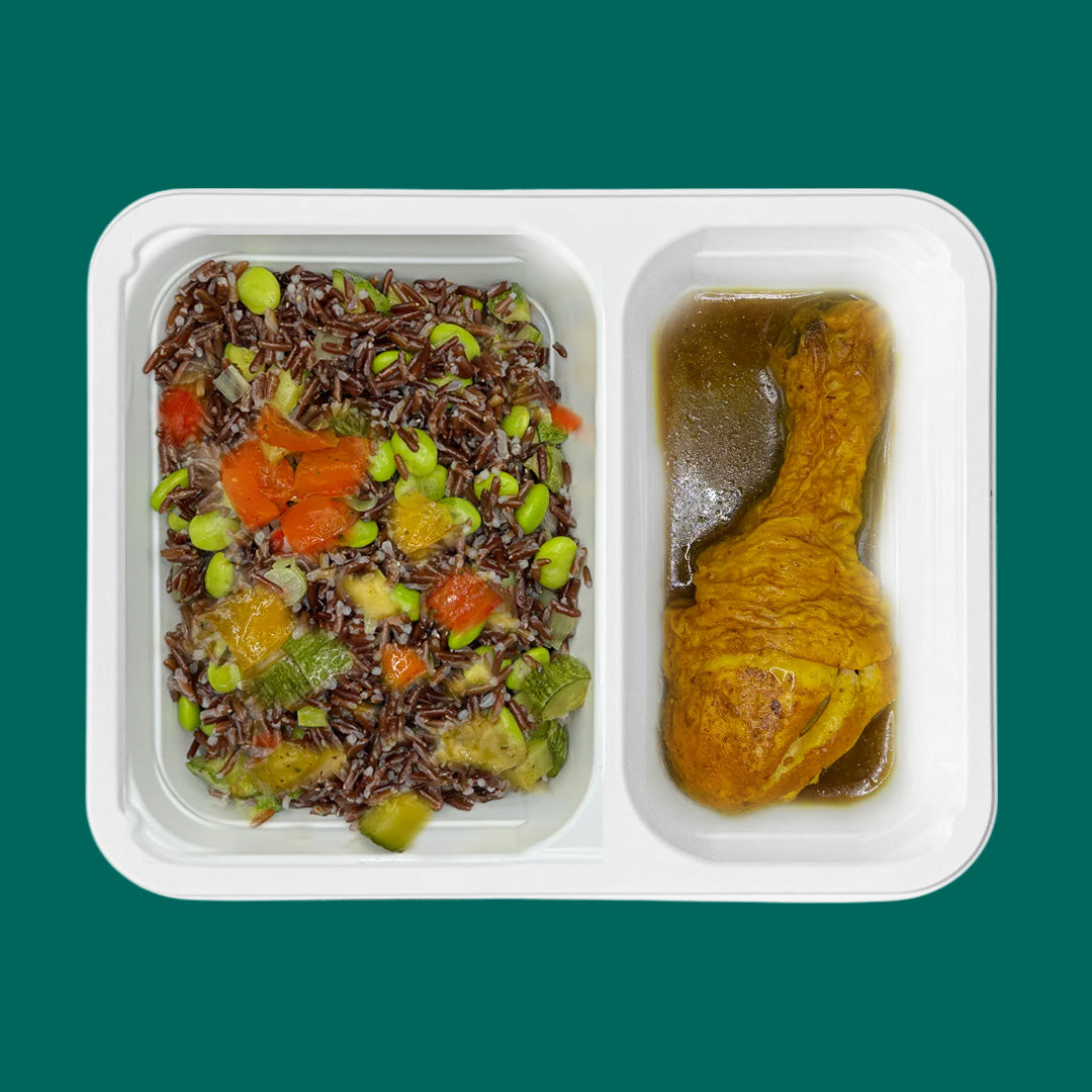Riso rosso con verdure + coscia di pollo al forno